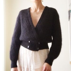 Black mohair blend double breasted knit cardigan